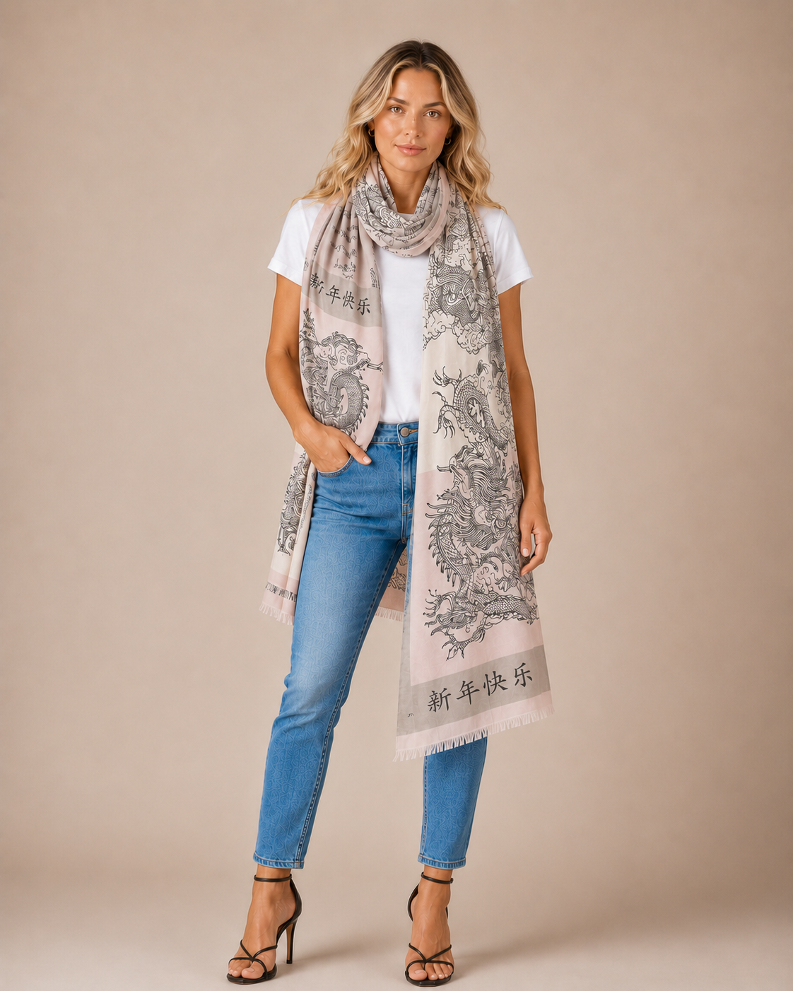 CHINESE DRAGON CASHMERE SCARF - NATURE TONES