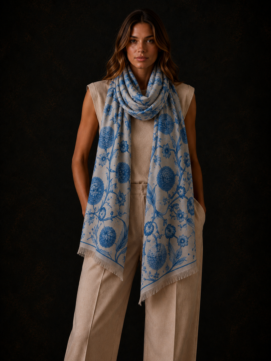 BOTANICAL CASHMERE SCARF - GHOST