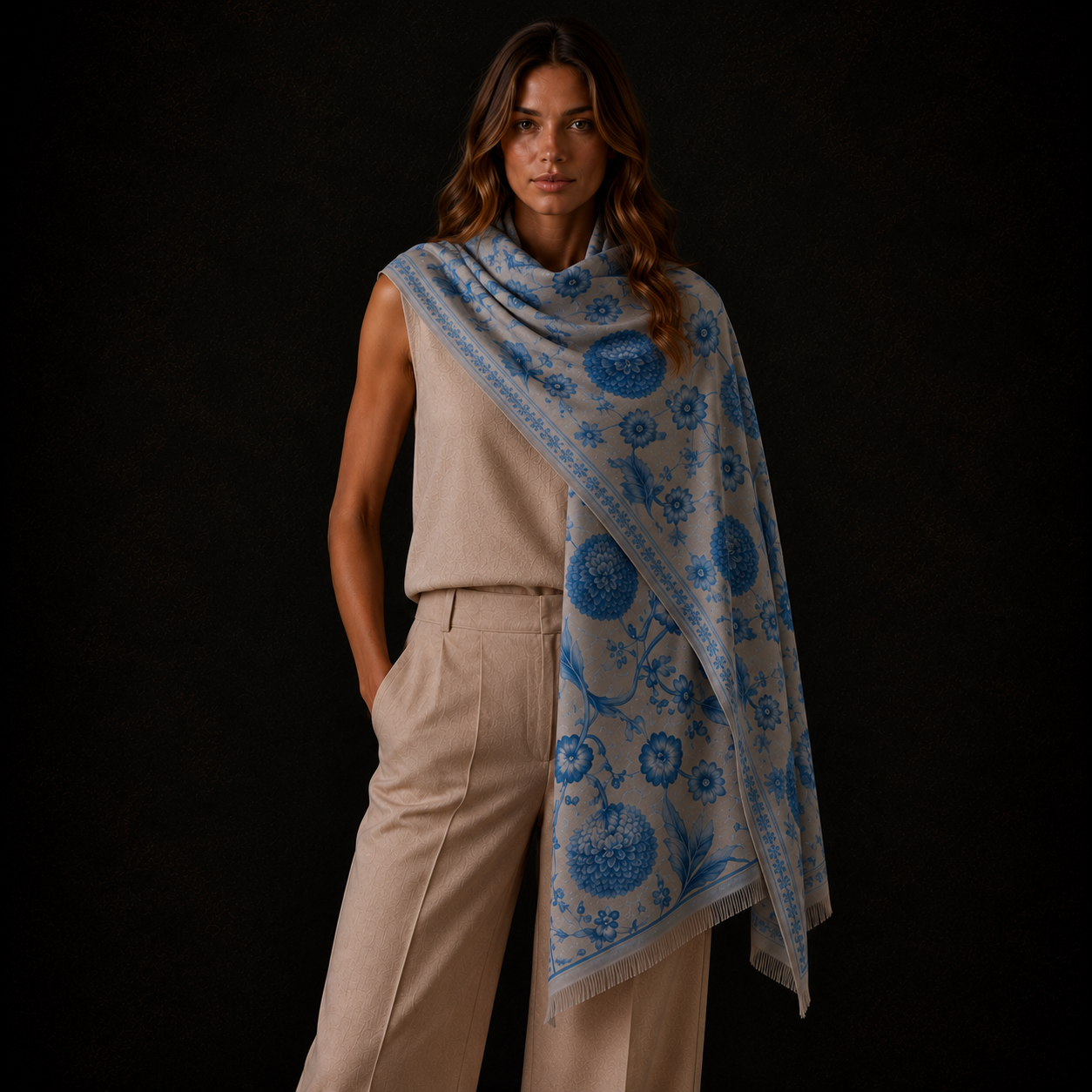BOTANICAL CASHMERE SCARF - GHOST