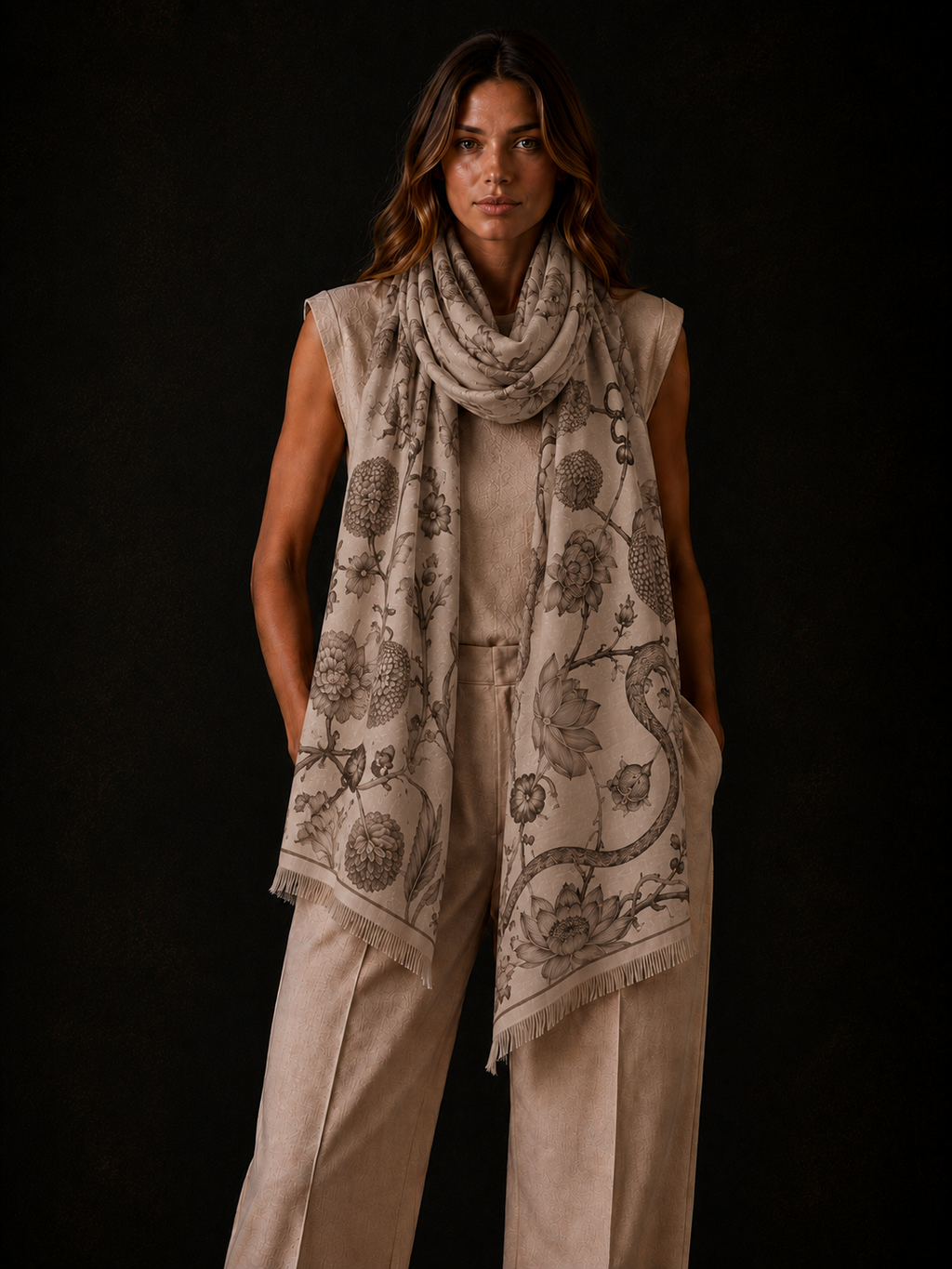 BOTANICAL CASHMERE SCARF - WHEAT