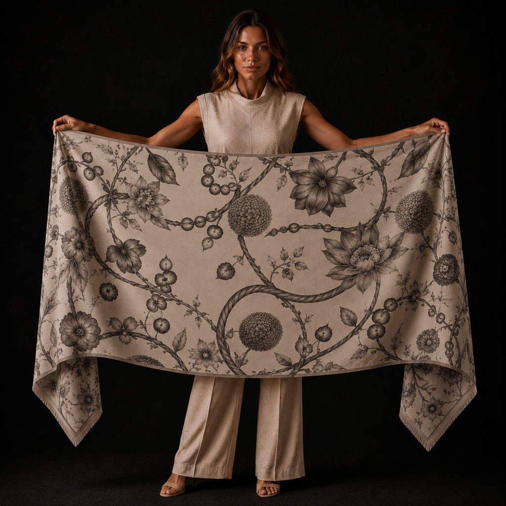 BOTANICAL CASHMERE SCARF - WHEAT