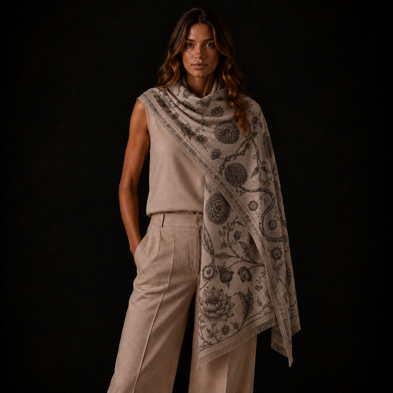 BOTANICAL CASHMERE SCARF - WHEAT