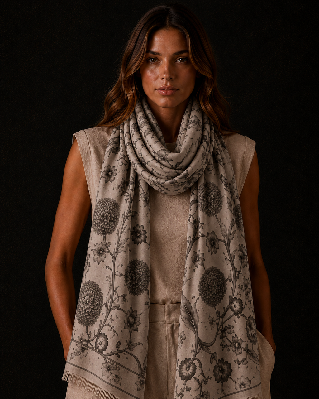 BOTANICAL CASHMERE SCARF - WHEAT