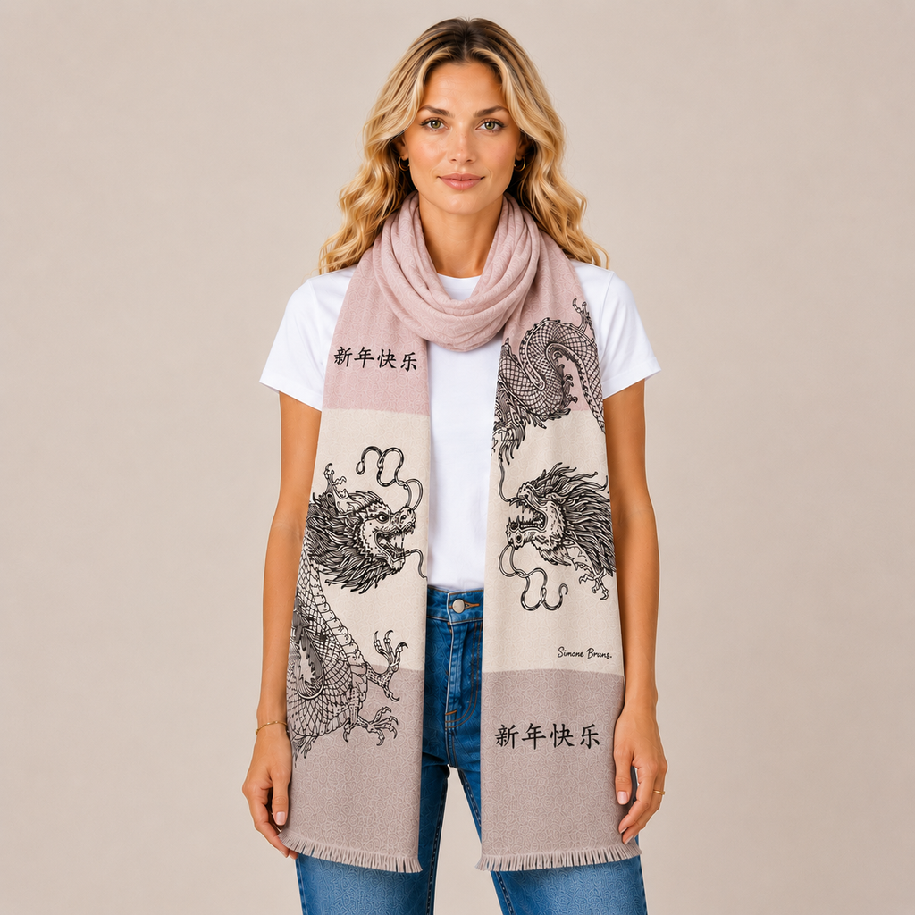 CHINESE DRAGON CASHMERE SCARF - NATURE TONES