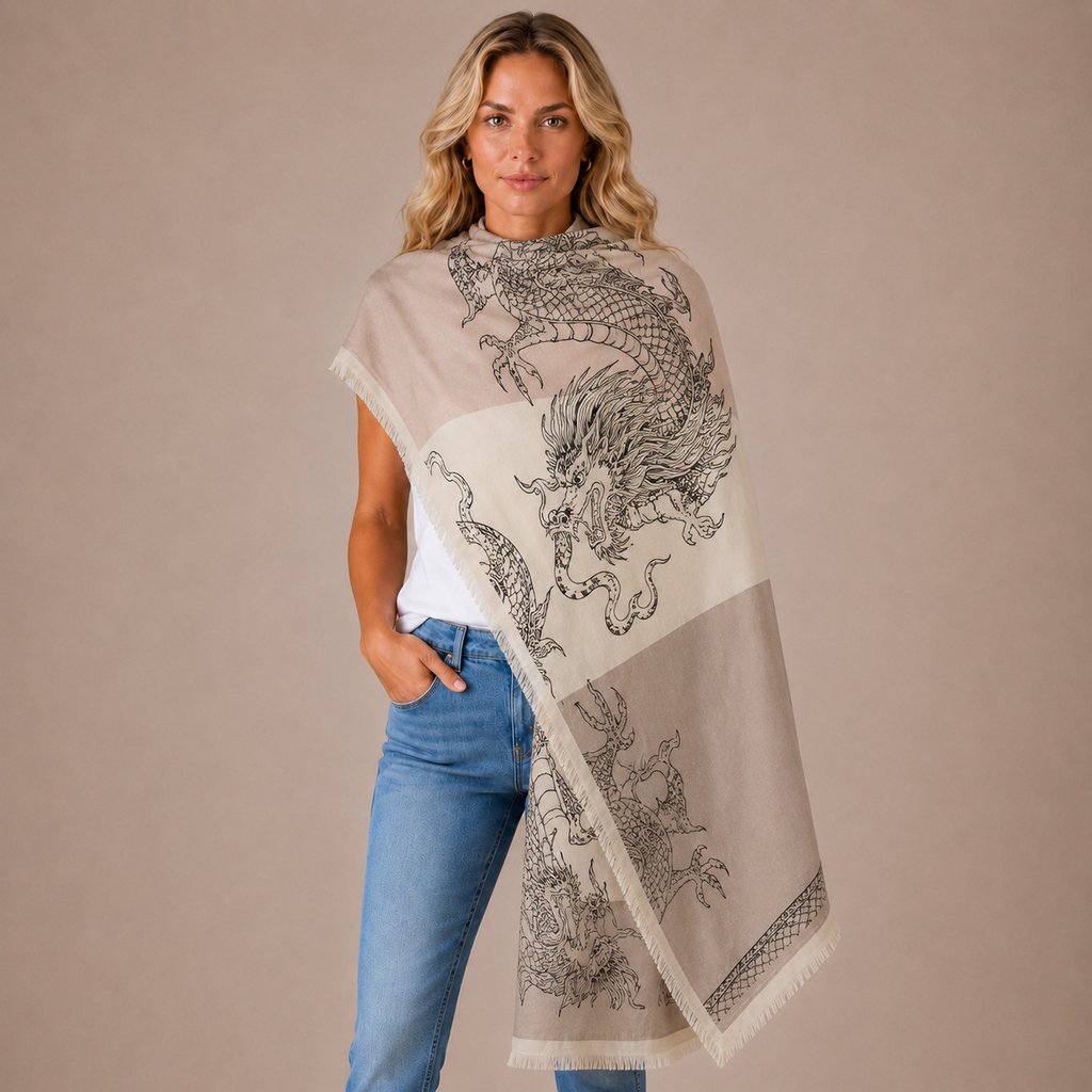 CHINESE DRAGON CASHMERE SCARF - NATURE TONES