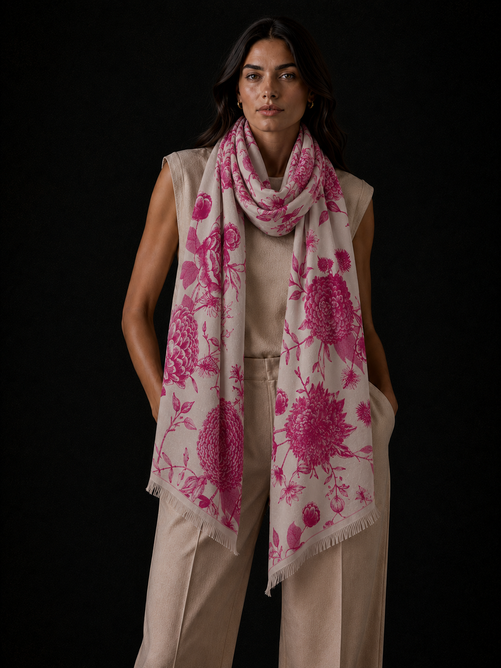 FLOWER EXPLOSION CASHMERE SCARF - WHEAT