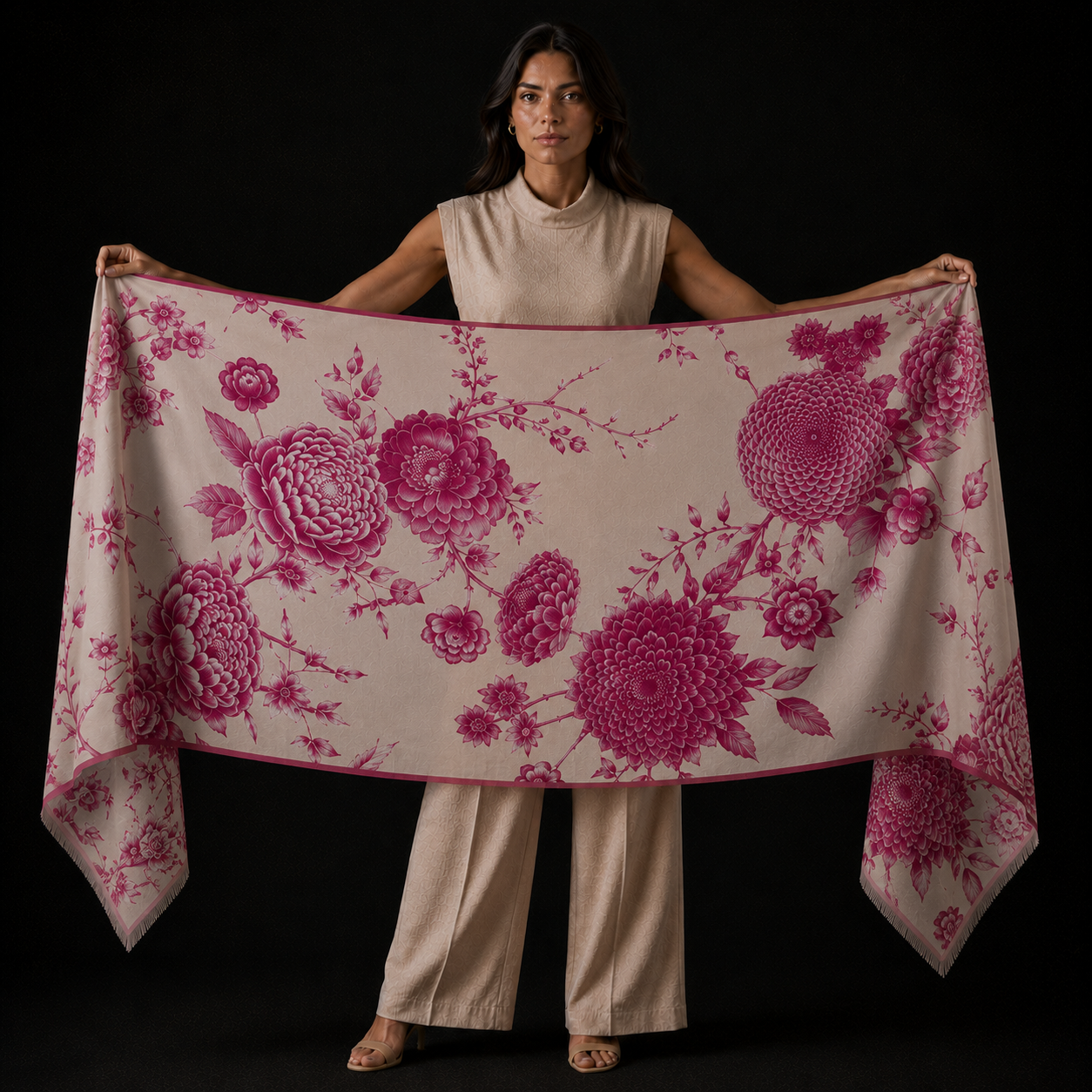 FLOWER EXPLOSION CASHMERE SCARF - WHEAT