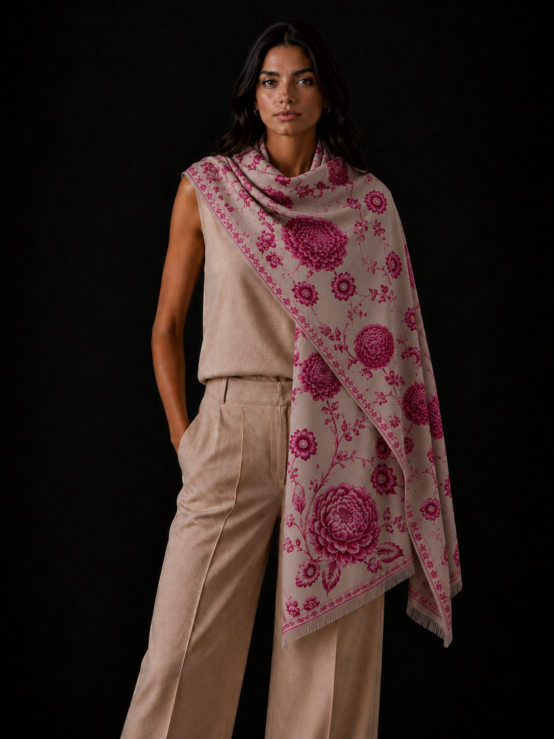 FLOWER EXPLOSION CASHMERE SCARF - WHEAT