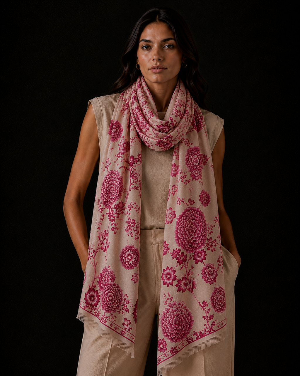 FLOWER EXPLOSION CASHMERE SCARF - WHEAT