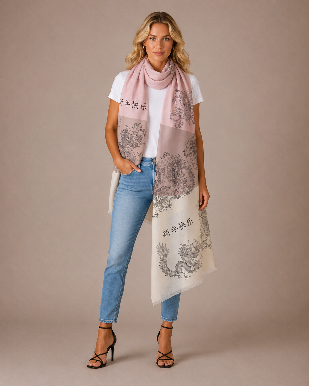 CHINESE DRAGON CASHMERE SCARF - ROSE TONES