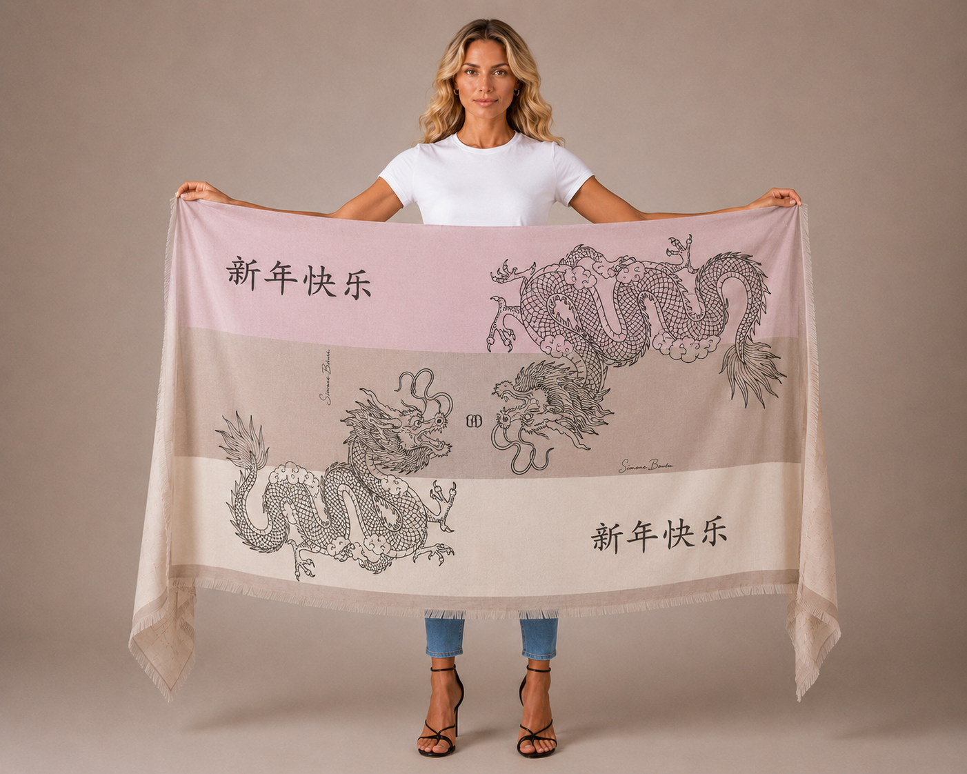 CHINESE DRAGON CASHMERE SCARF - ROSE TONES