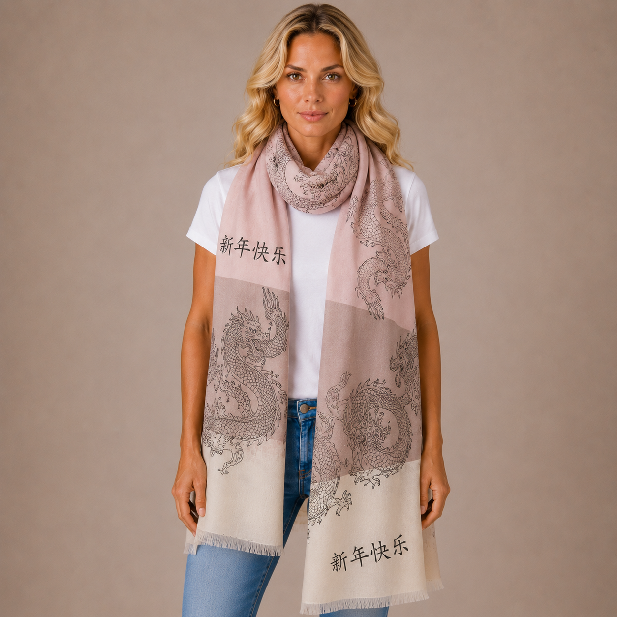 CHINESE DRAGON CASHMERE SCARF - ROSE TONES
