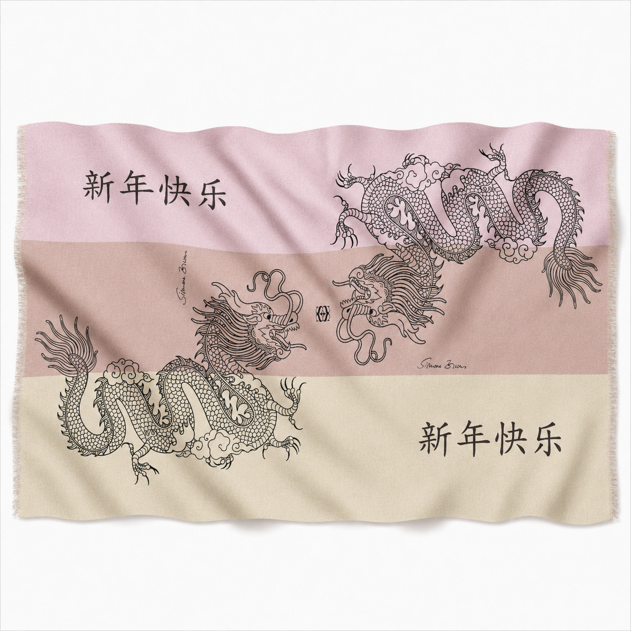 CHINESE DRAGON CASHMERE SCARF - ROSE TONES