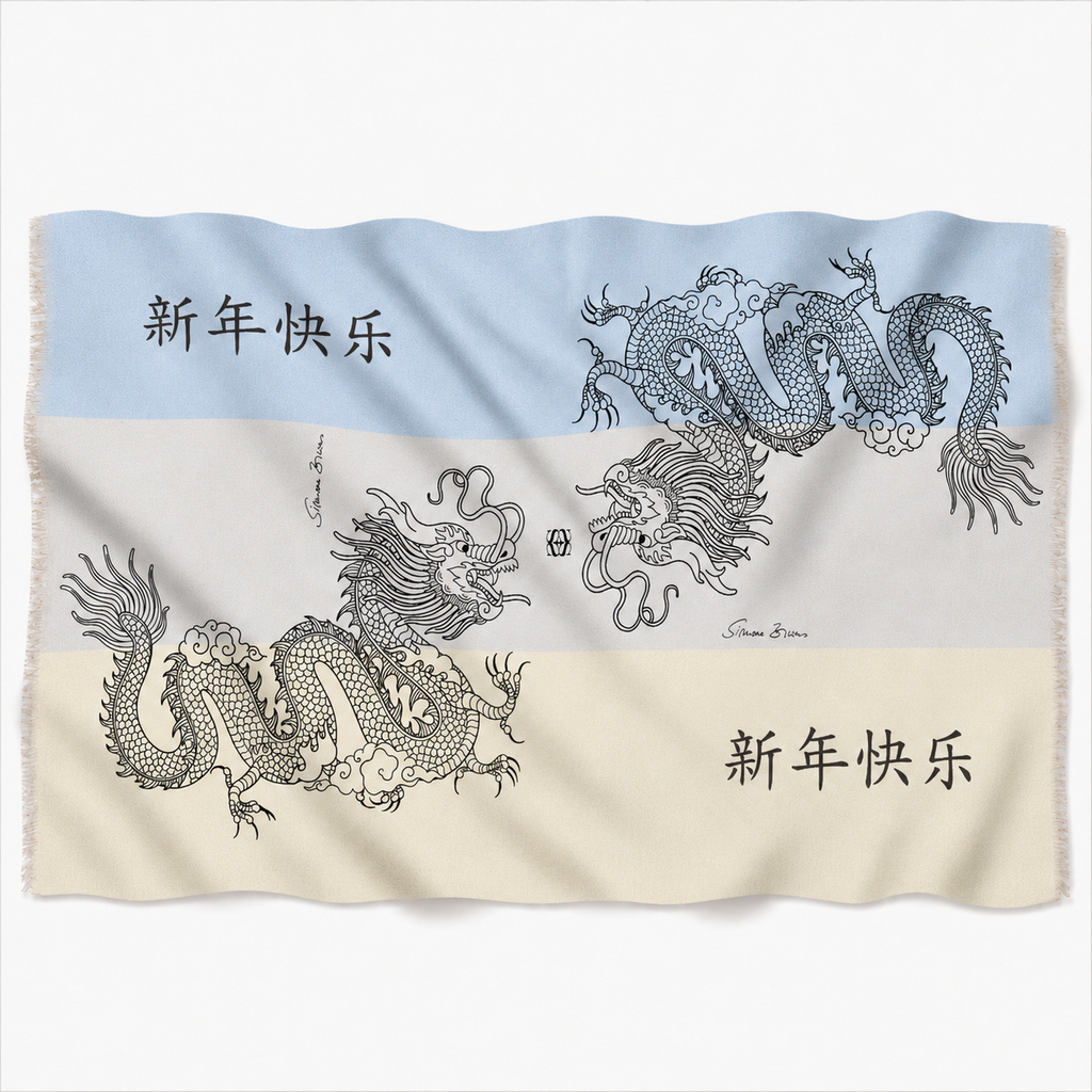 CHINESE DRAGON CASHMERE SCARF - BLUE TONES