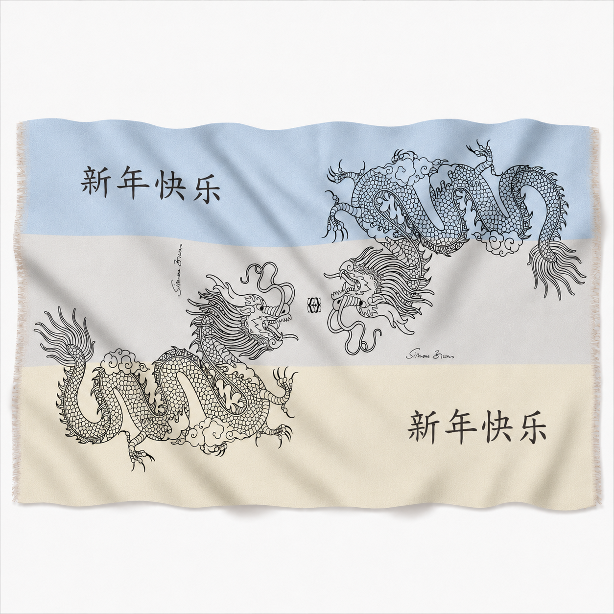 CHINESE DRAGON CASHMERE SCARF - BLUE TONES