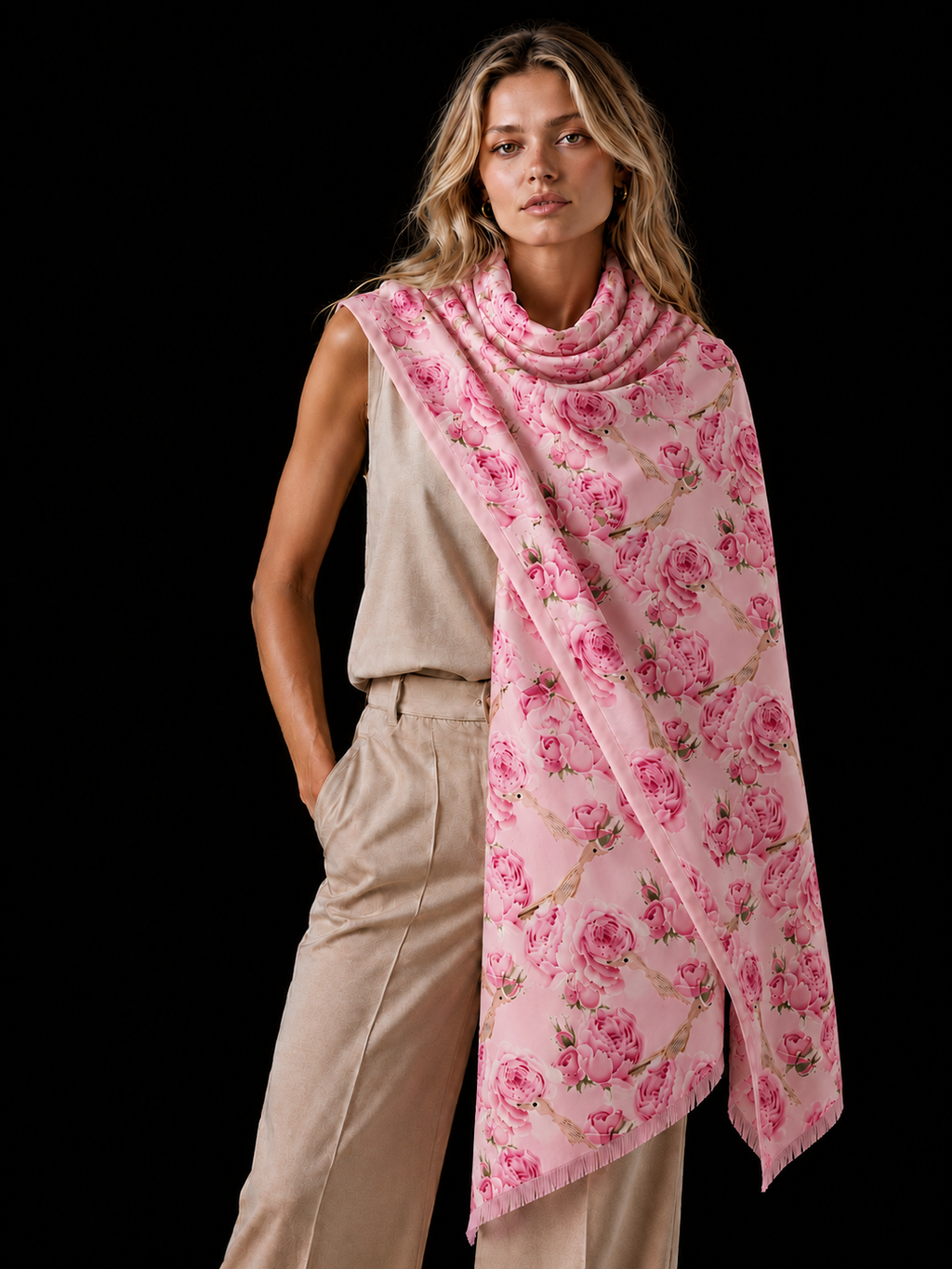GARDEN CASHMERE SCARF - LIGHT ROSE