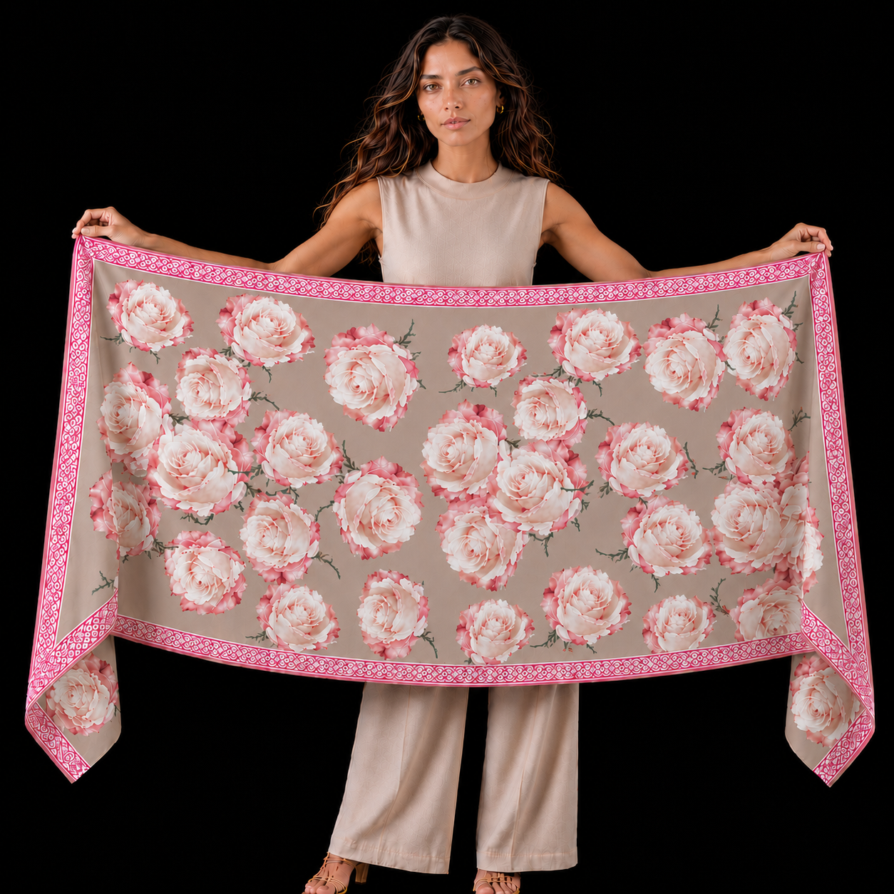 ROSES CASHMERE SCARF - TAUPE