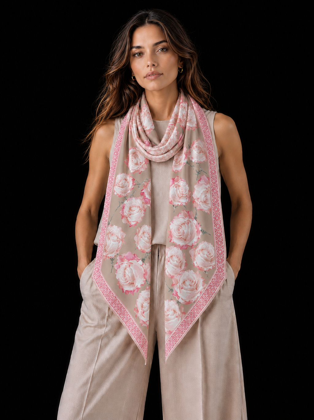 ROSES CASHMERE SCARF - TAUPE