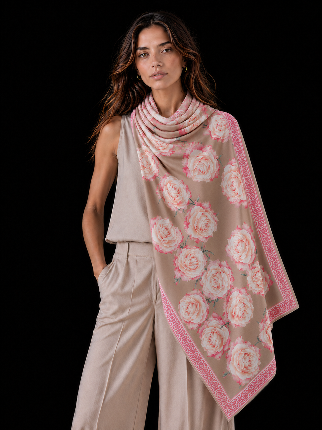 ROSES CASHMERE SCARF - TAUPE