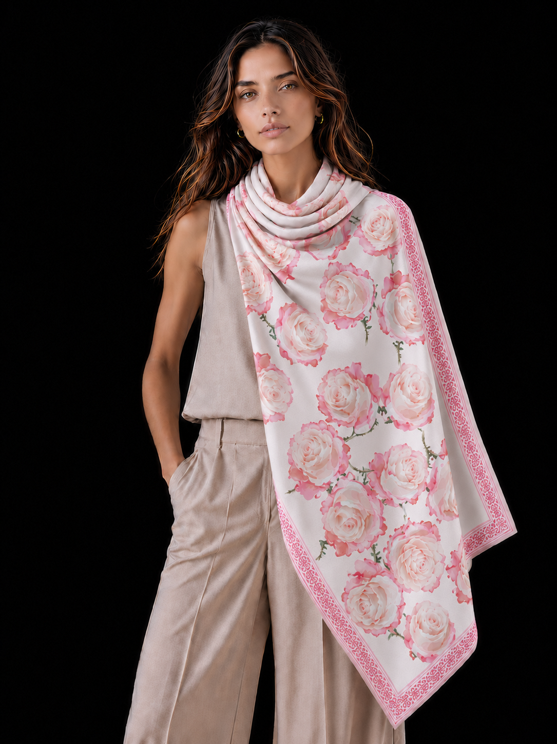 ROSES CASHMERE SCARF - OFF WHITE