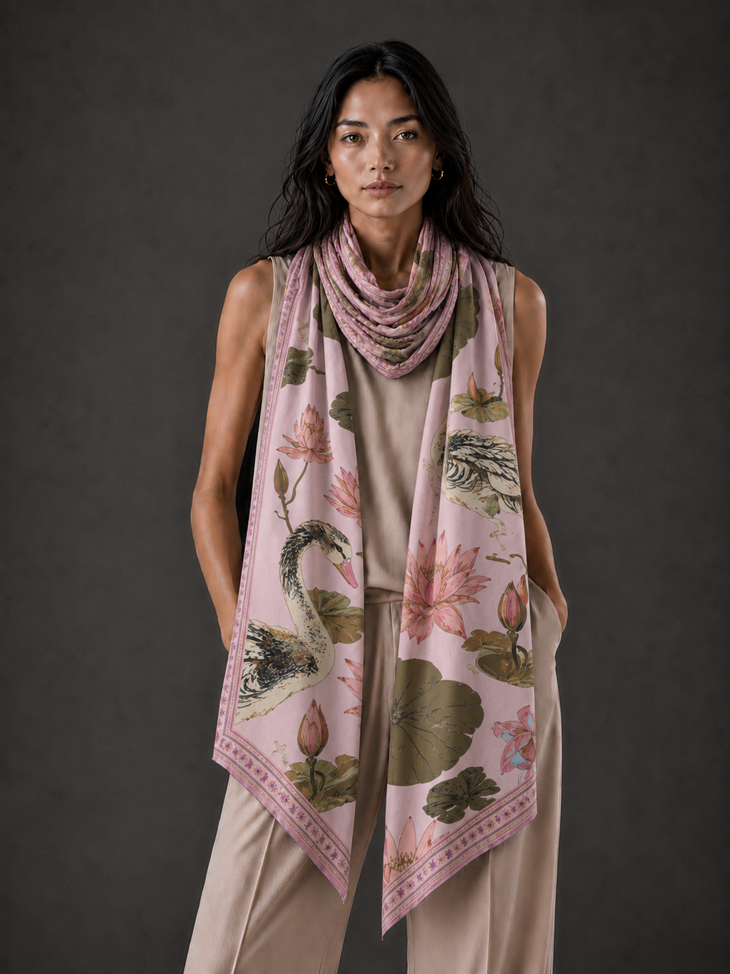 SWAN CASHMERE SCARF - LIGHT ROSE