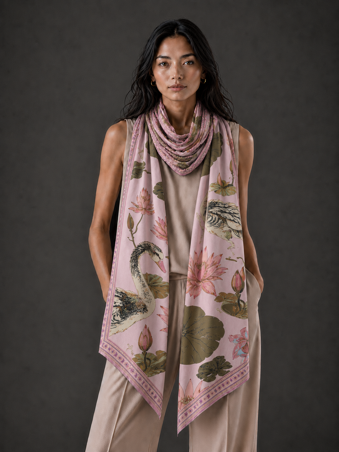 SWAN CASHMERE SCARF - LIGHT ROSE