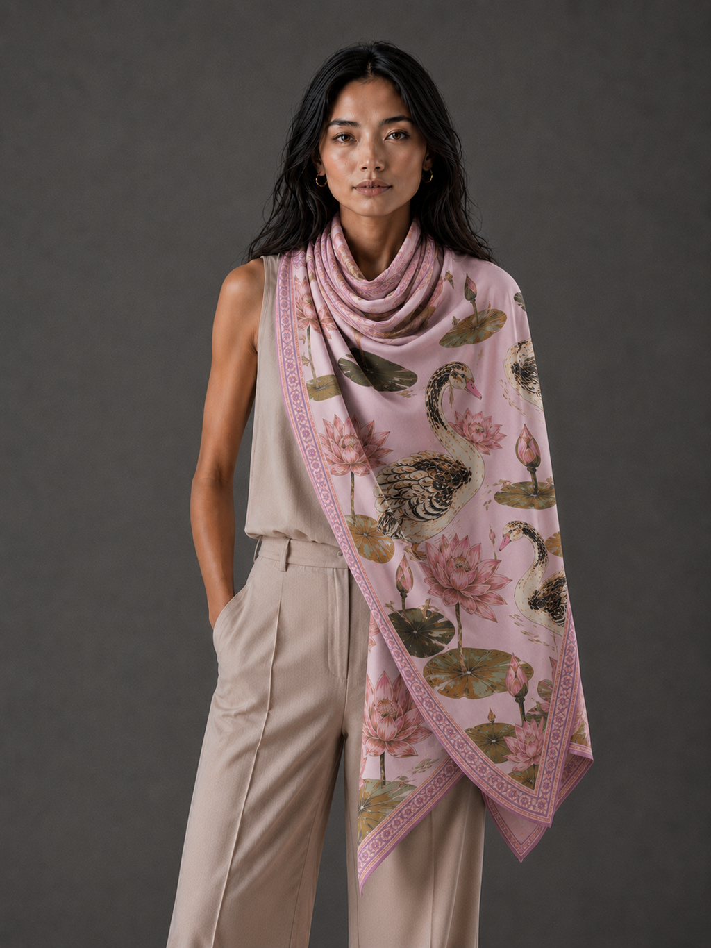 SWAN CASHMERE SCARF - LIGHT ROSE