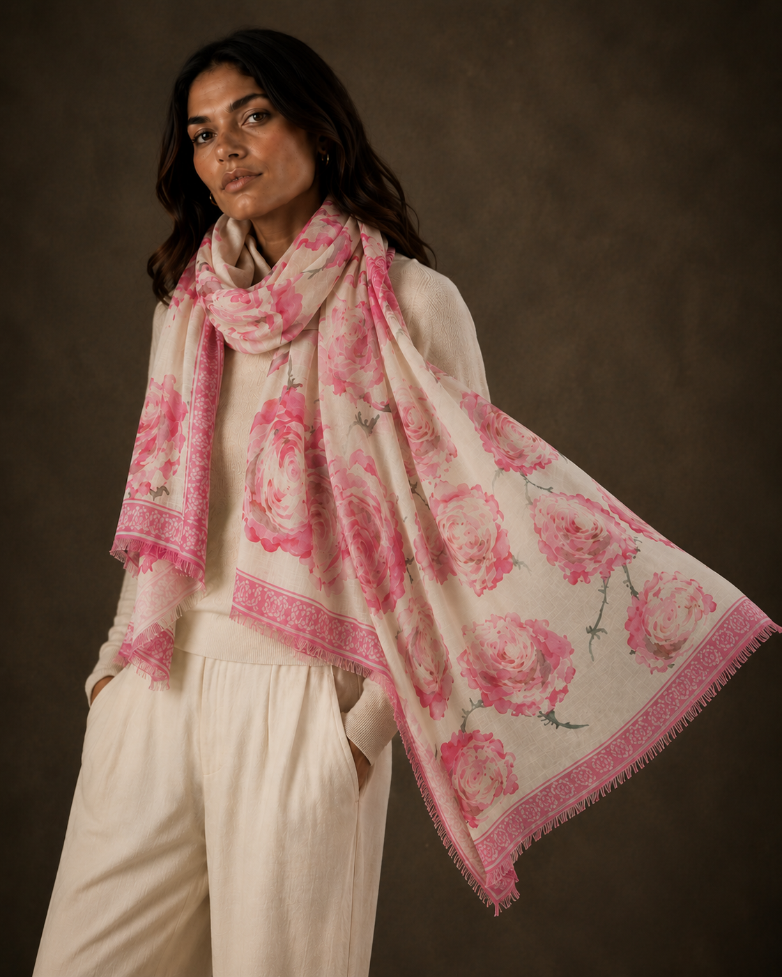 ROSES CASHMERE SCARF - OFF WHITE