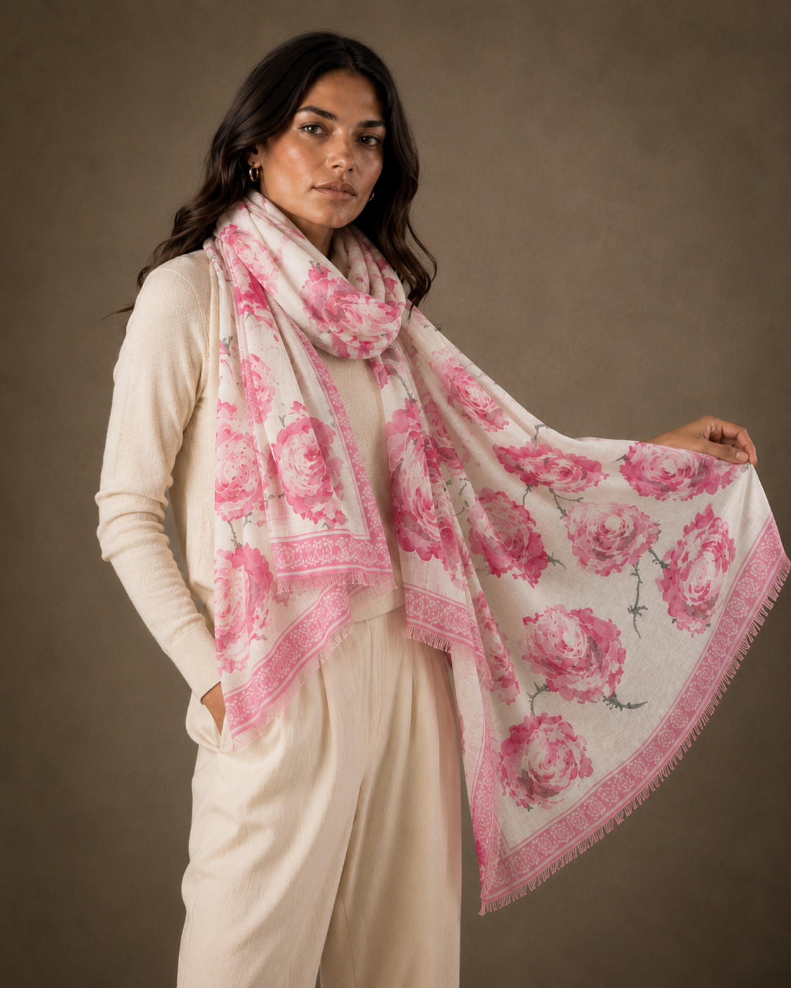 ROSES CASHMERE SCARF - OFF WHITE