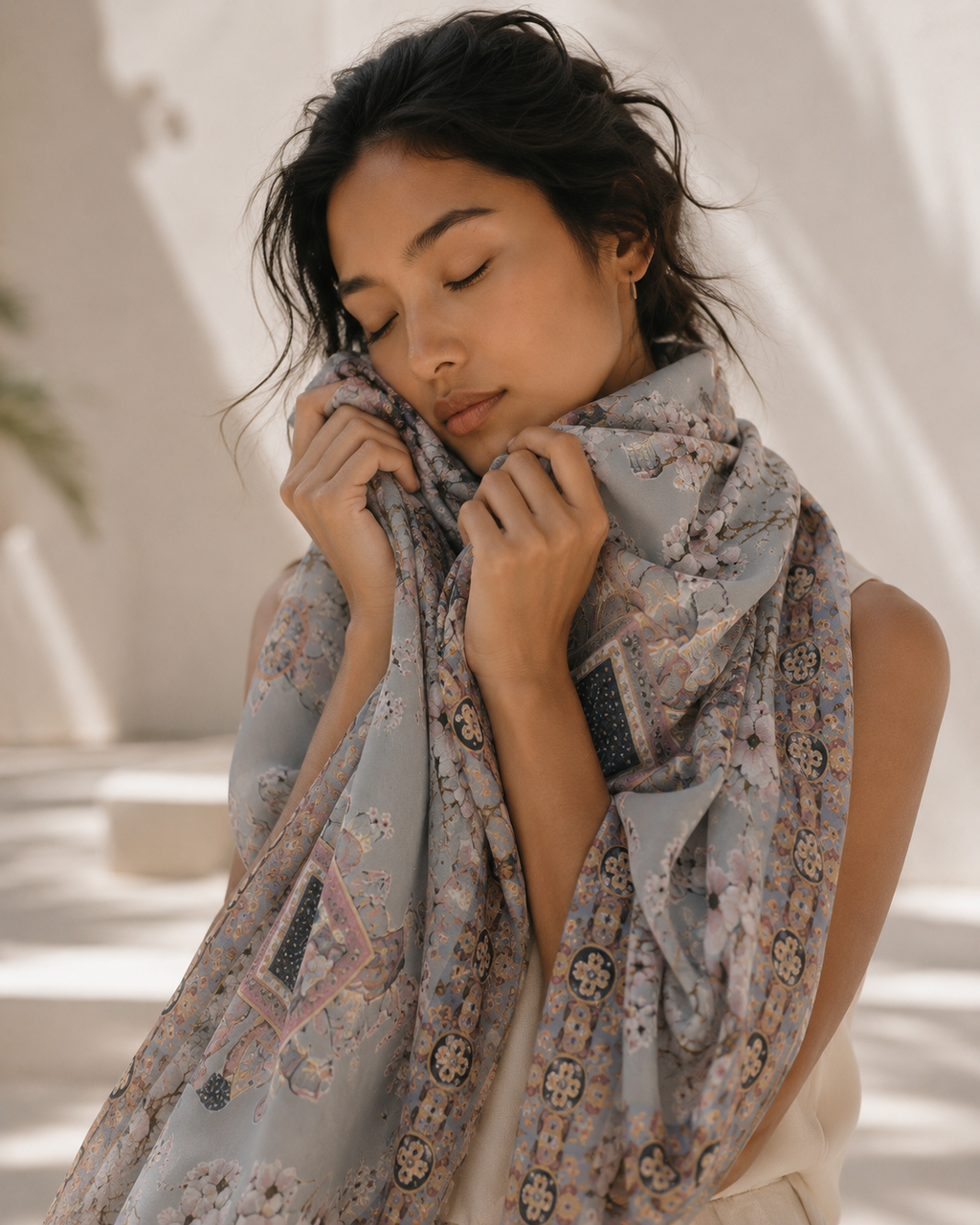 ELEPHANT CEREMONY CASHMERE SCARF -  LIGHT BLUE