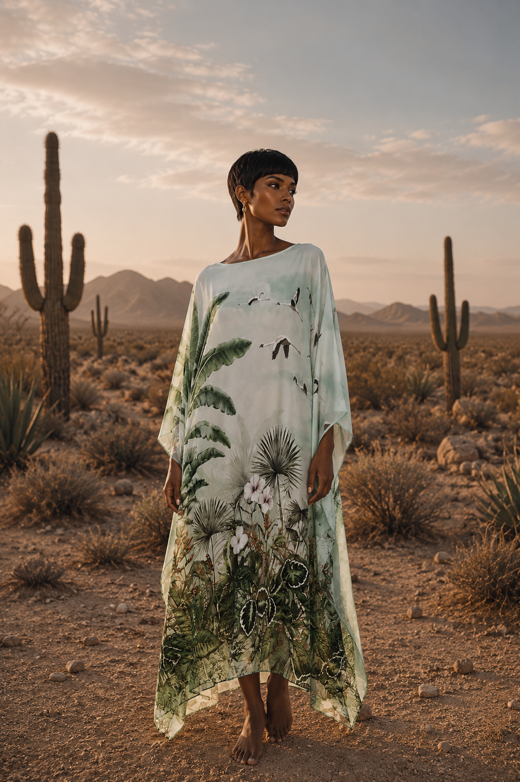 FLAMINGOS SILK TUNIC - GREEN