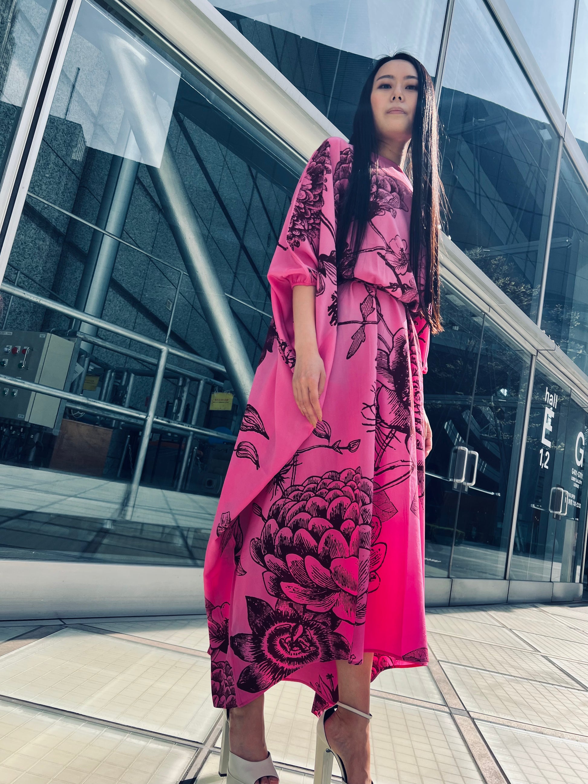 FLOWER EXPLOSION EVENING DRESS - PINK/BLACK