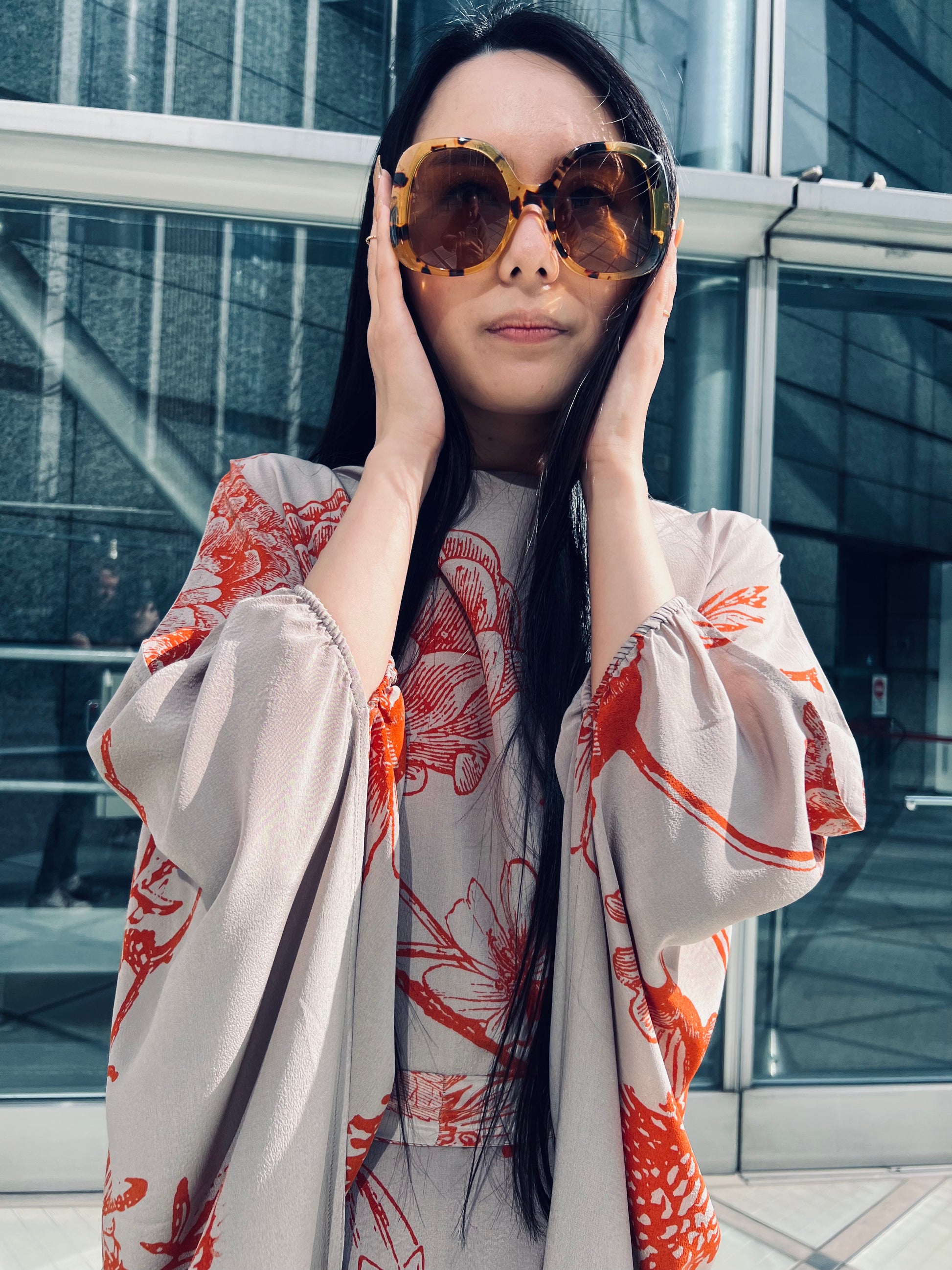 FLOWER EXPLOSION EVENING DRESS - TAUPE/ORANGE