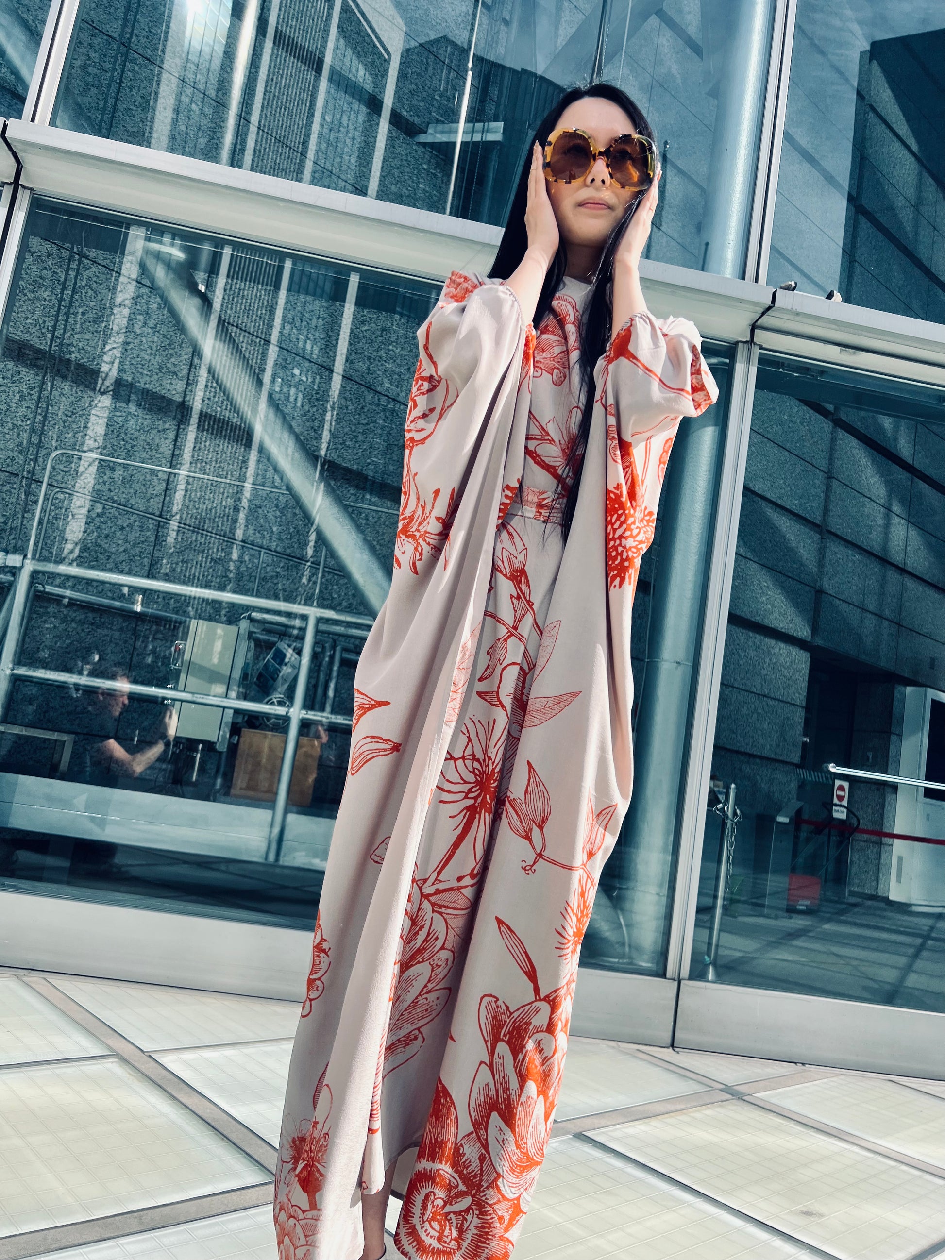 FLOWER EXPLOSION EVENING DRESS - TAUPE/ORANGE