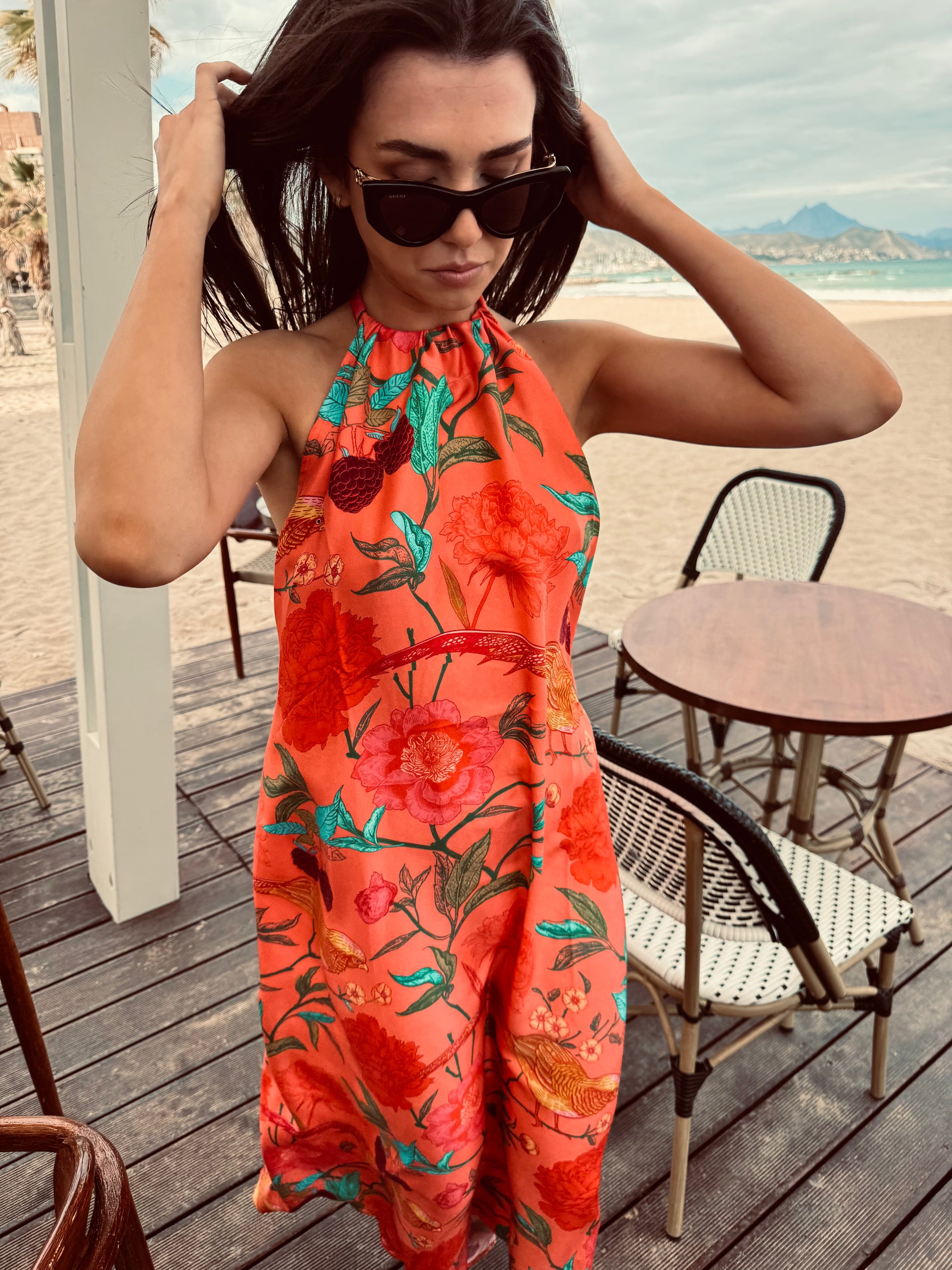 BIRD PARADISE BEACH DRESS - CORAL