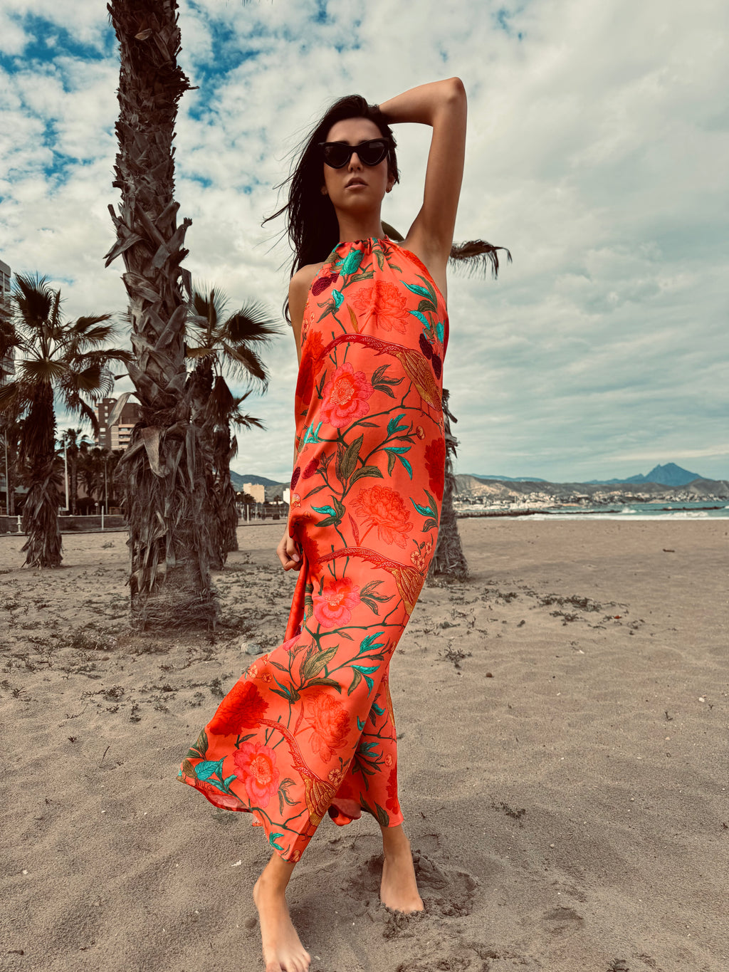 BIRD PARADISE BEACH DRESS - CORAL
