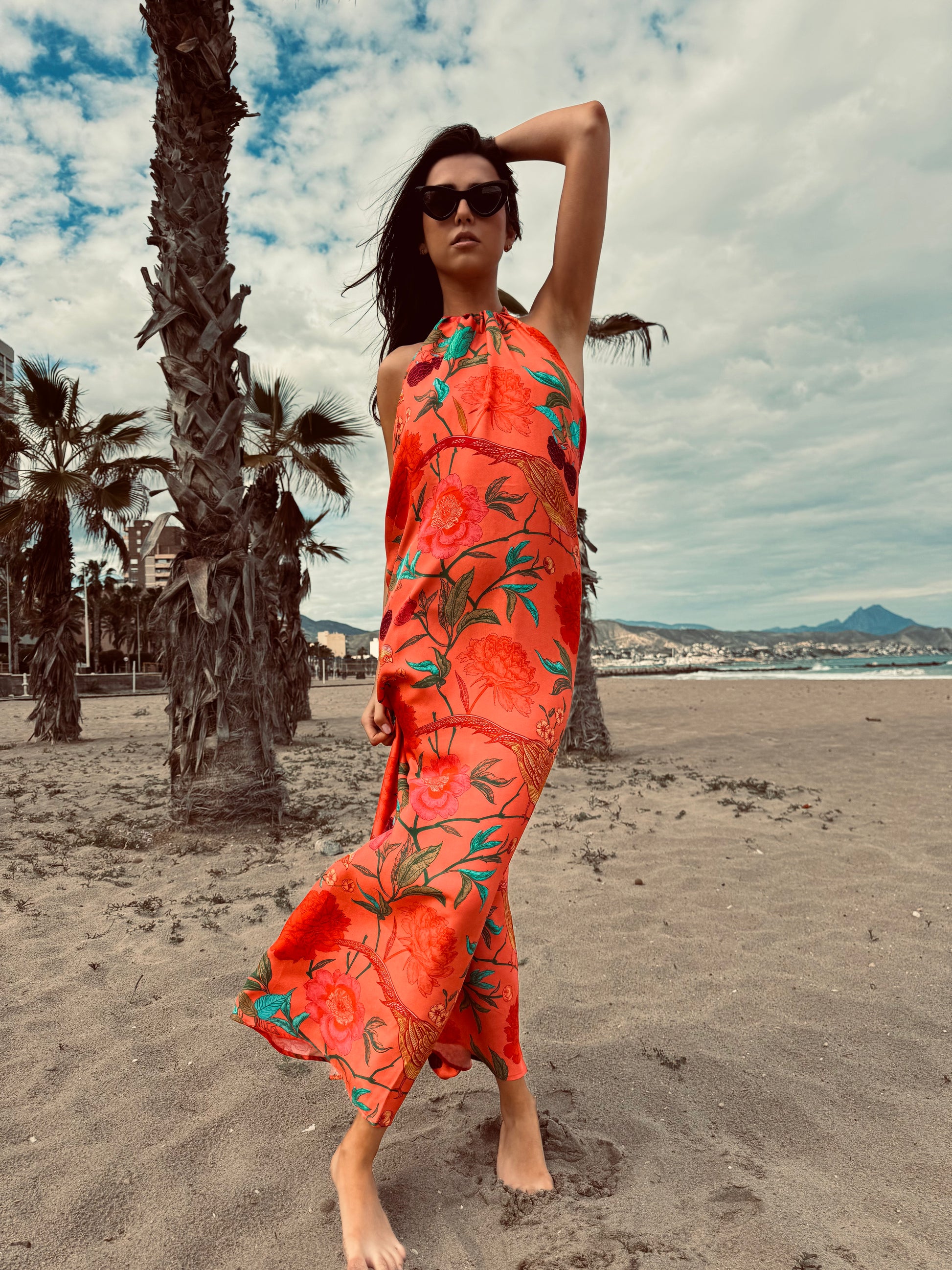 BIRD PARADISE BEACH DRESS - CORAL