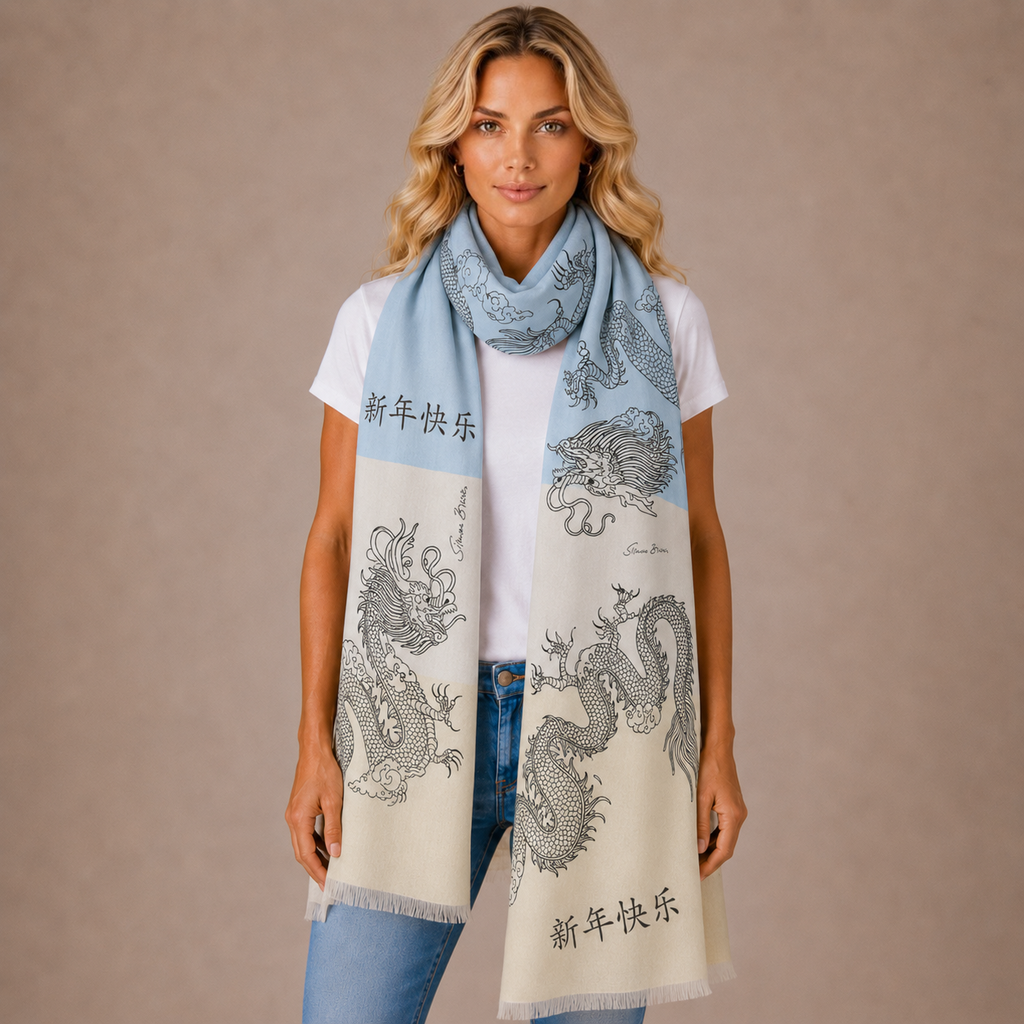 CHINESE DRAGON CASHMERE SCARF - BLUE TONES