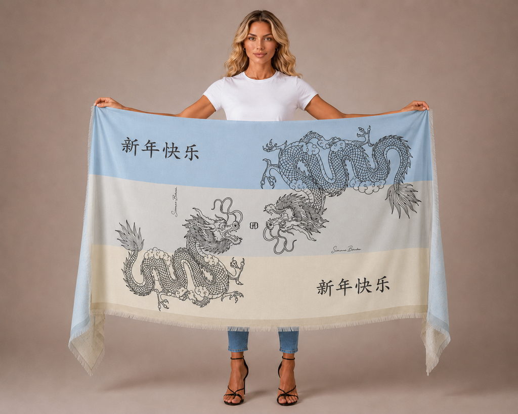 CHINESE DRAGON CASHMERE SCARF - BLUE TONES