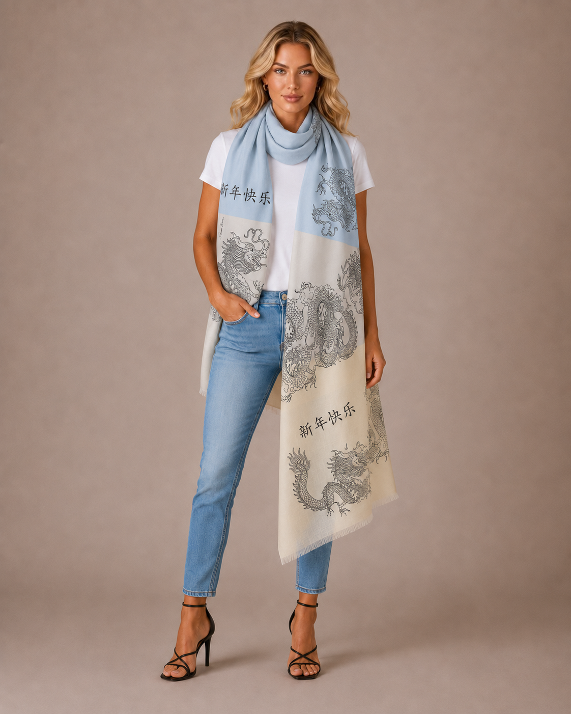 CHINESE DRAGON CASHMERE SCARF - BLUE TONES