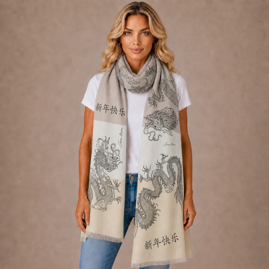 CHINESE DRAGON CASHMERE SCARF - SOFT TONES