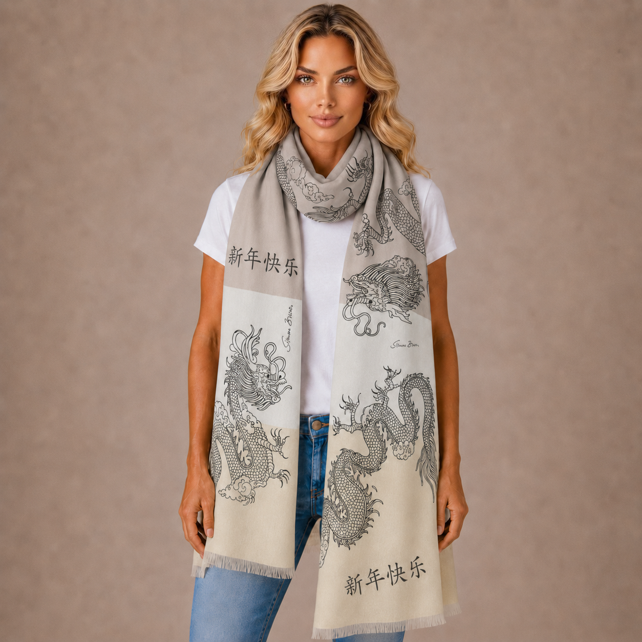 CHINESE DRAGON CASHMERE SCARF - SOFT TONES