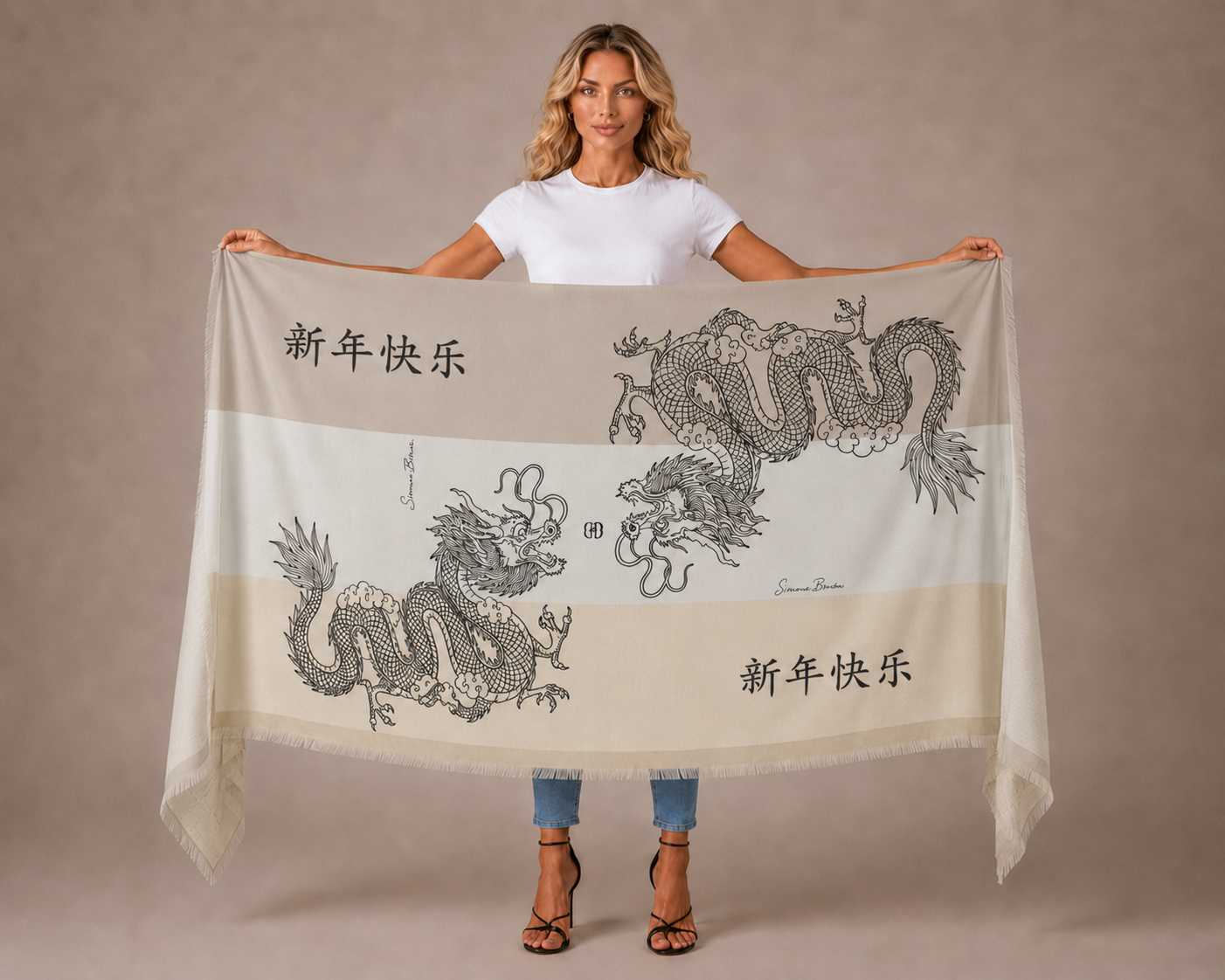 CHINESE DRAGON CASHMERE SCARF - SOFT TONES