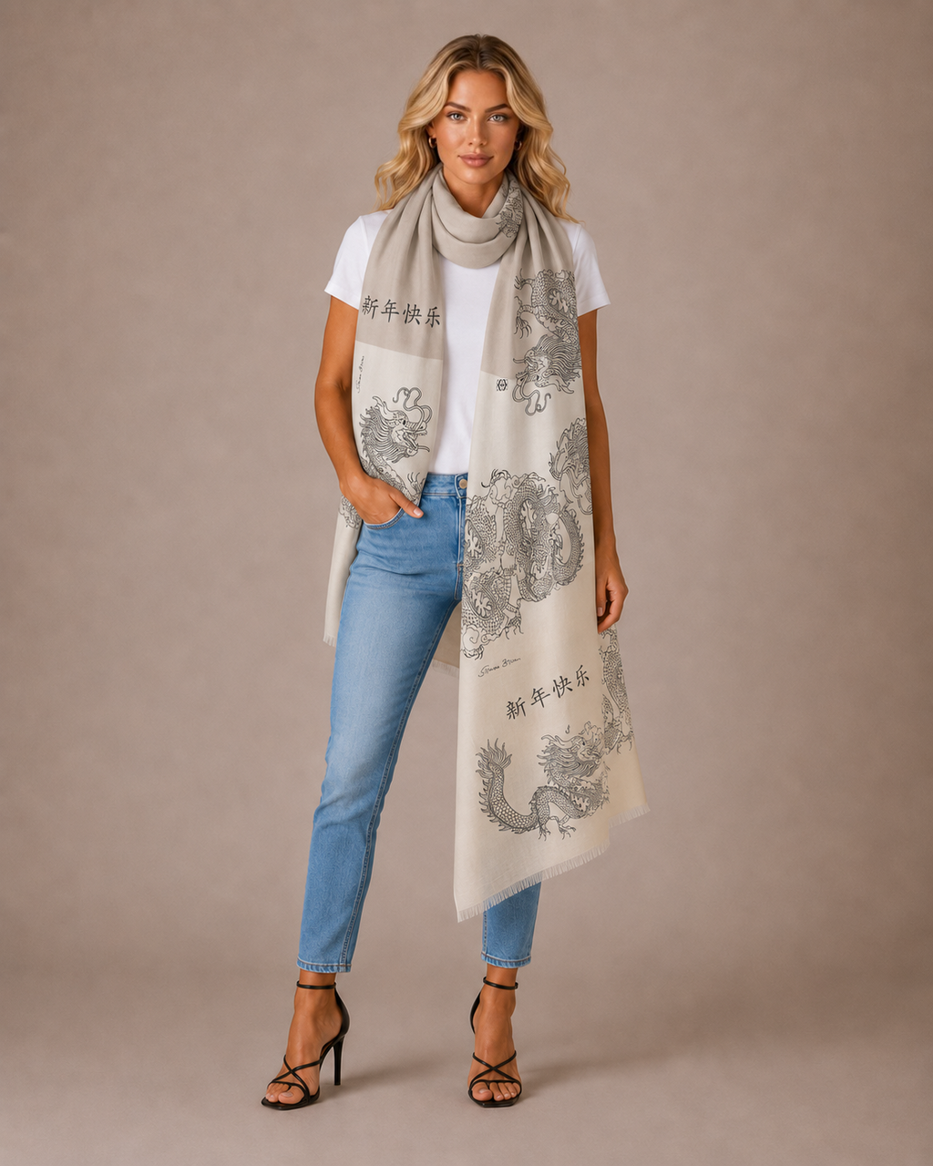 CHINESE DRAGON CASHMERE SCARF - SOFT TONES