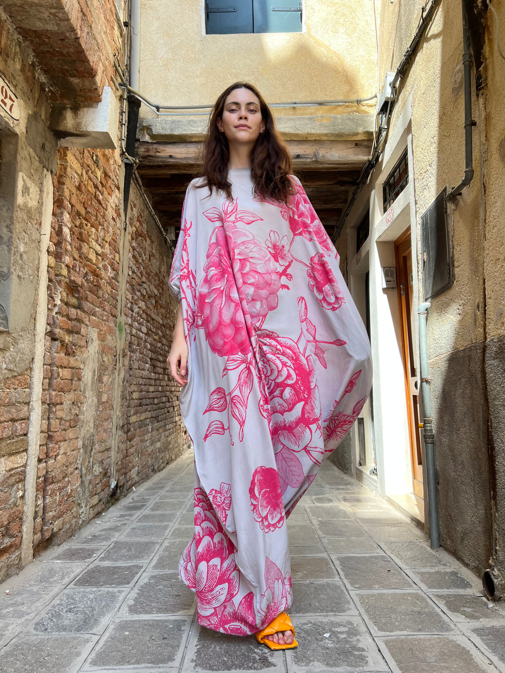 FLOWER EXPLOSION EVENING DRESS - GREY/PINK