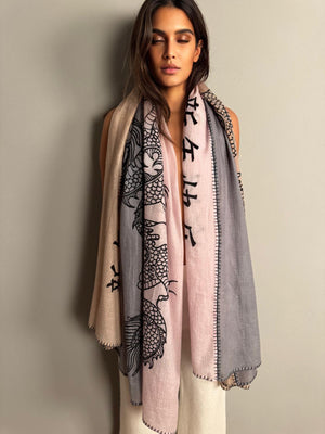 CHINESE DRAGON 3 COLOR FELTED SCARF - POWDER/GREY/BEIGE