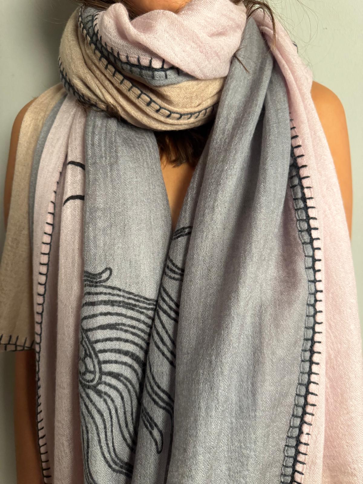 CHINESE DRAGON 3 COLOR FELTED SCARF - POWDER/GREY/BEIGE