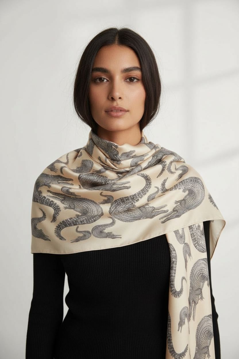 CROCODILE CASHMERE SCARF - OFF-WHITE