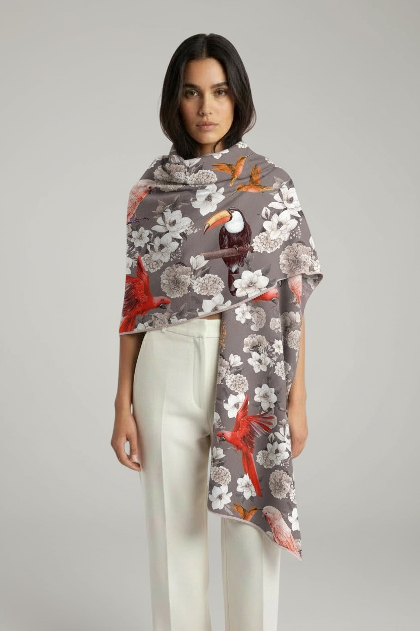 SUMMER BIRDS CASHMERE SCARF - GREY/ORANGE