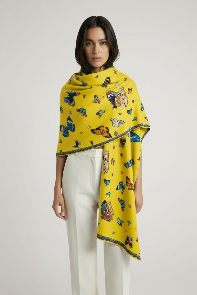 VENICE BUTTERFLY CASHMERE SCARF - YELLOW